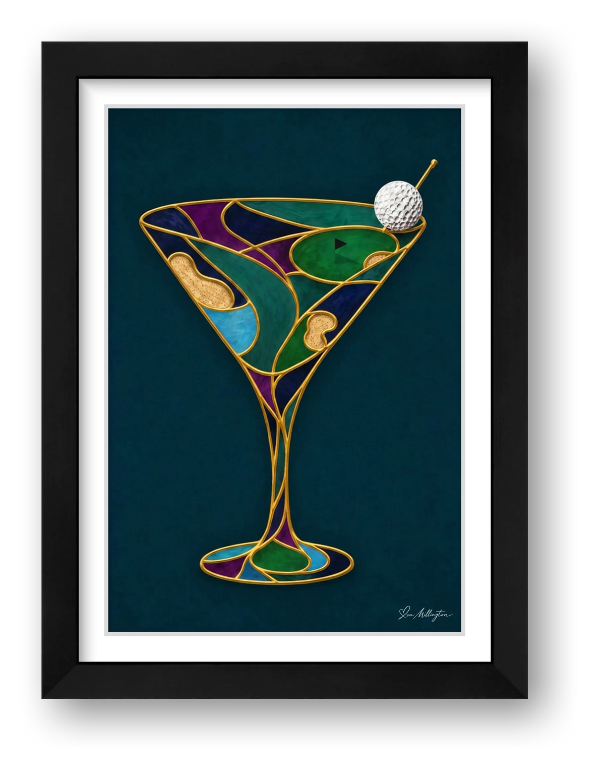 Abstract Golf Art. 19th Hole. Martini Glass. Framed Print — framed