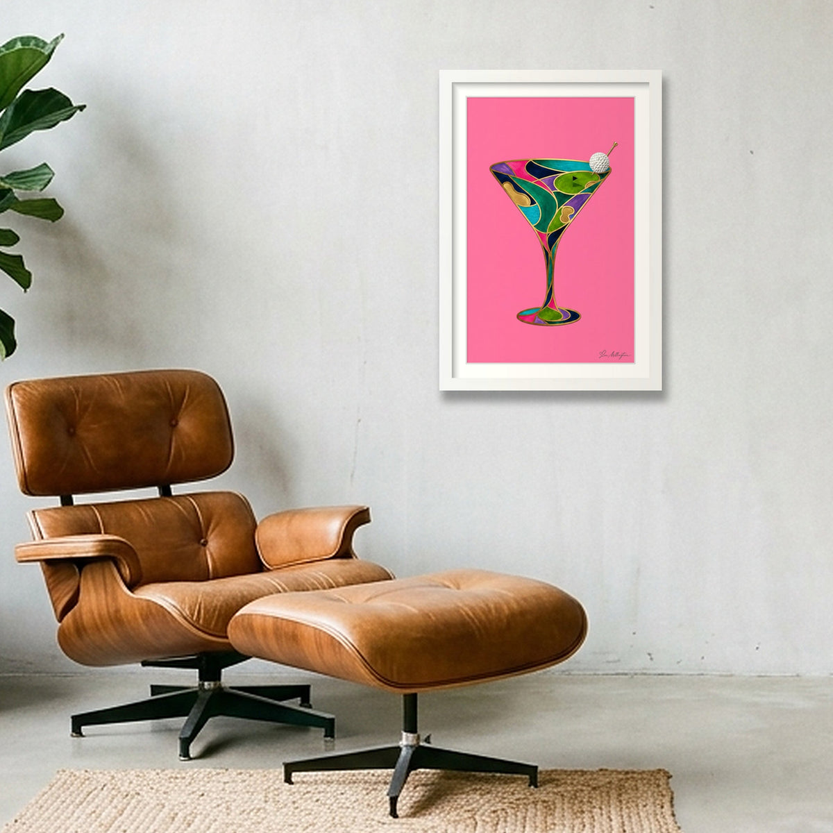 Abstract Golf Art. The 19th Hole. Martini Glass. Framed Print — 30×45cm, 12×18" White Frame