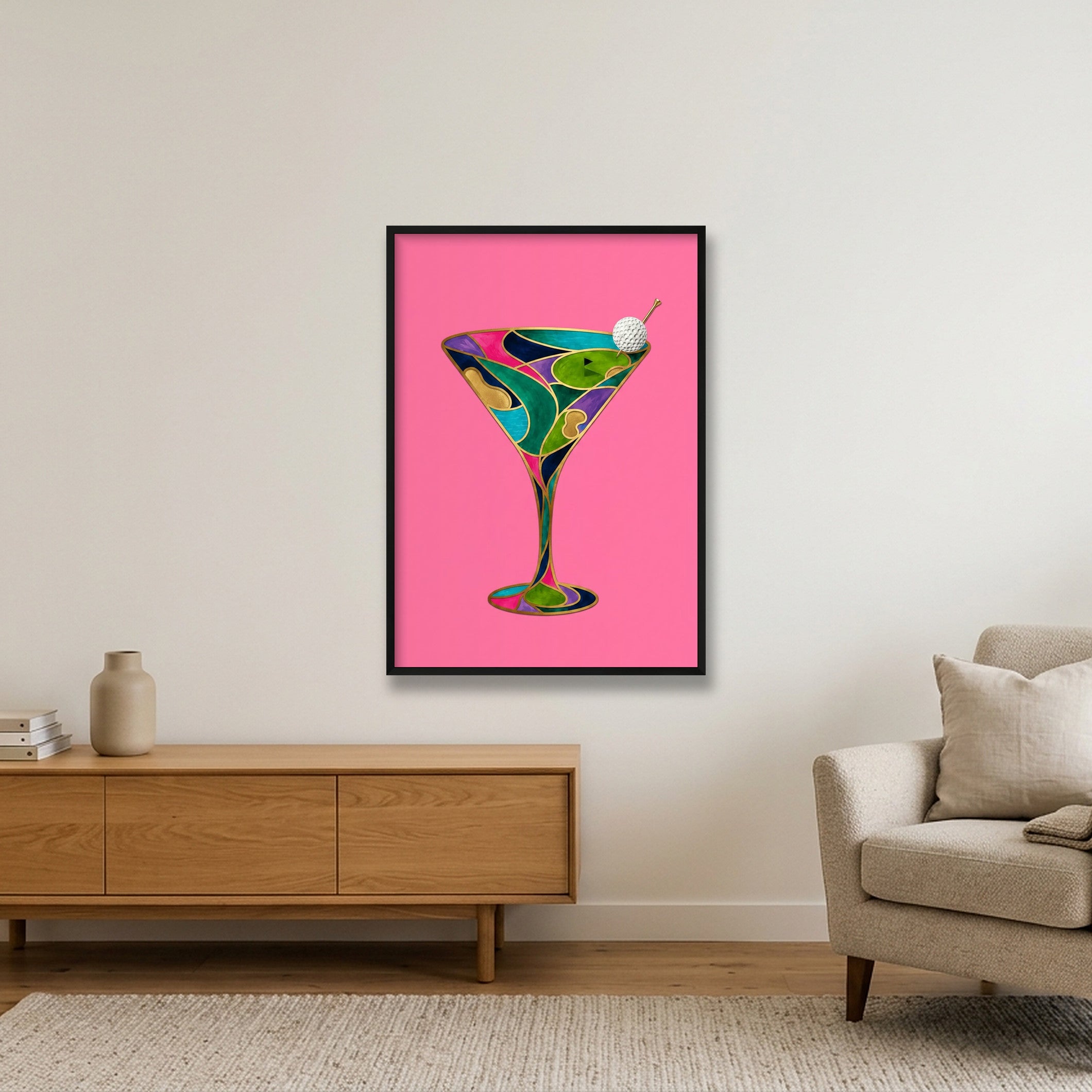 The Nineteenth. Martini Glass. Golf Art. Pink Collection — 70×100cm, 28×39" Black Frame