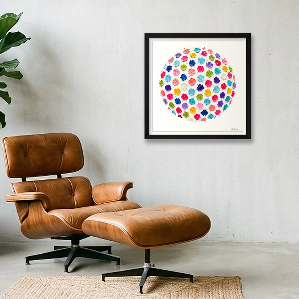 Abstract Golf Art. Impasto Contemporary. Confetti Golf Ball — 40×40cm, 16×16" Black Frame