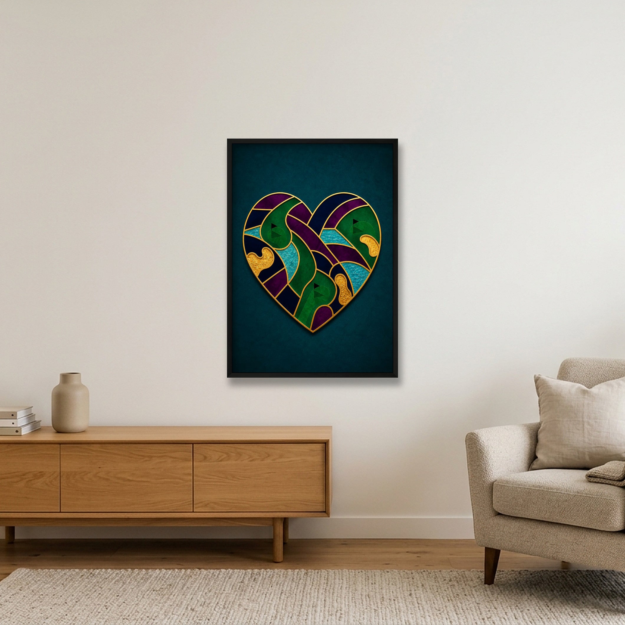 LOVE THE GAME. Golf Heart Art. Green Teal Collection — 59×84cm, 23×33" Black Frame