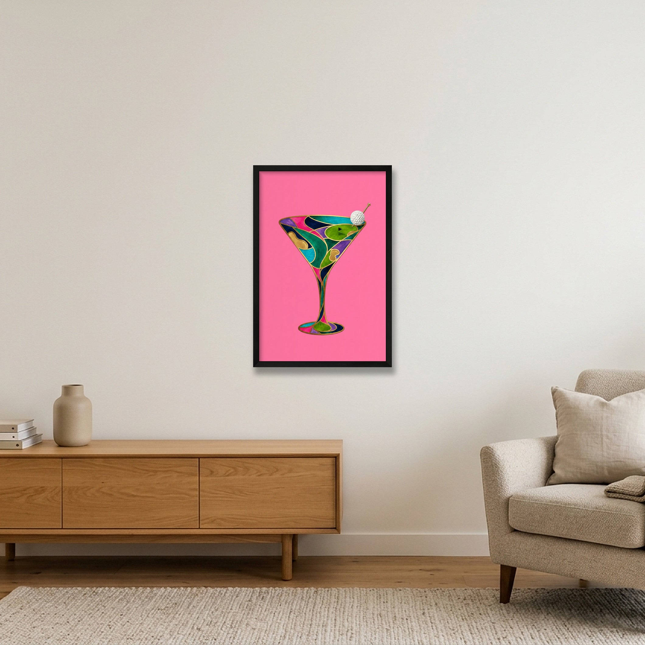 The Nineteenth. Martini Glass. Golf Art. Pink Collection — 40×60cm, 16×24" Black Frame