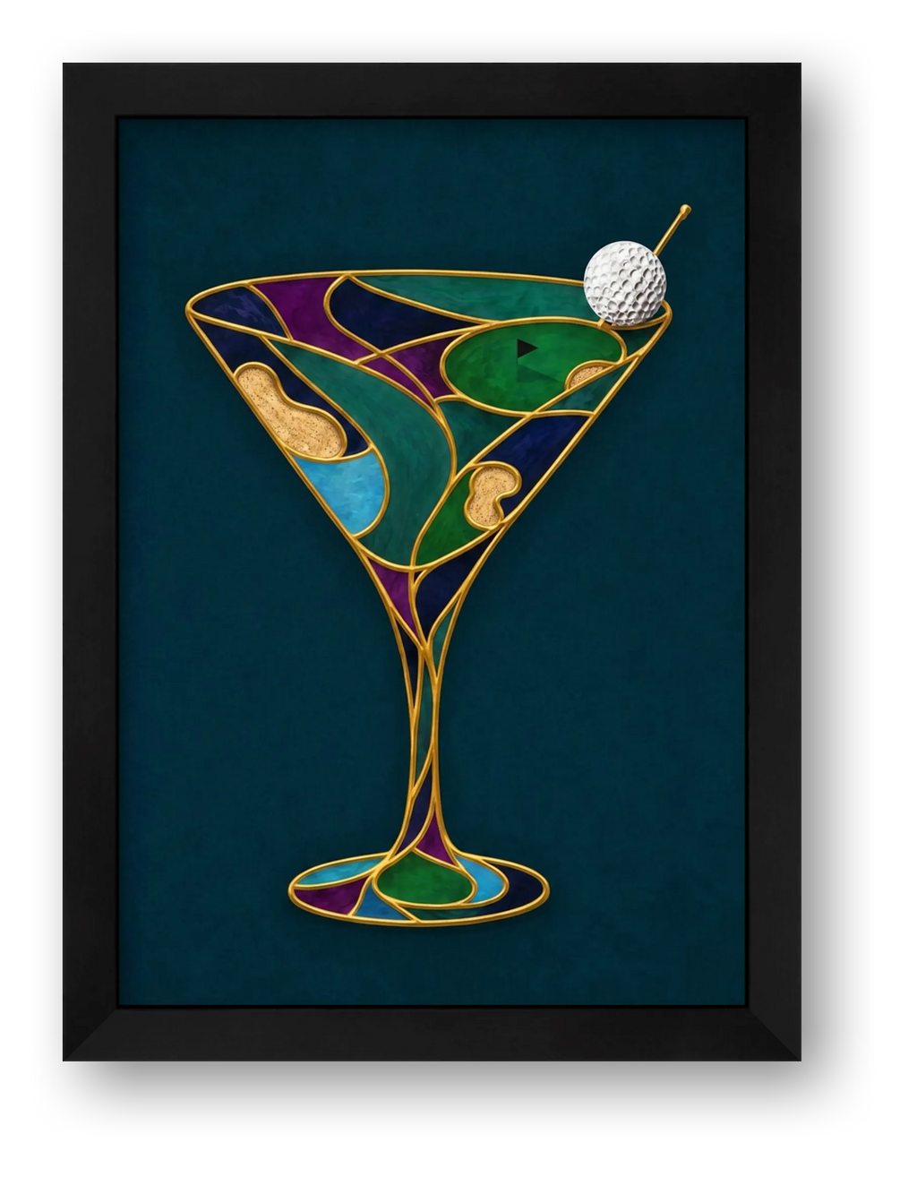 The Nineteenth Hole. Martini Glass. Green Teal Collection — framed