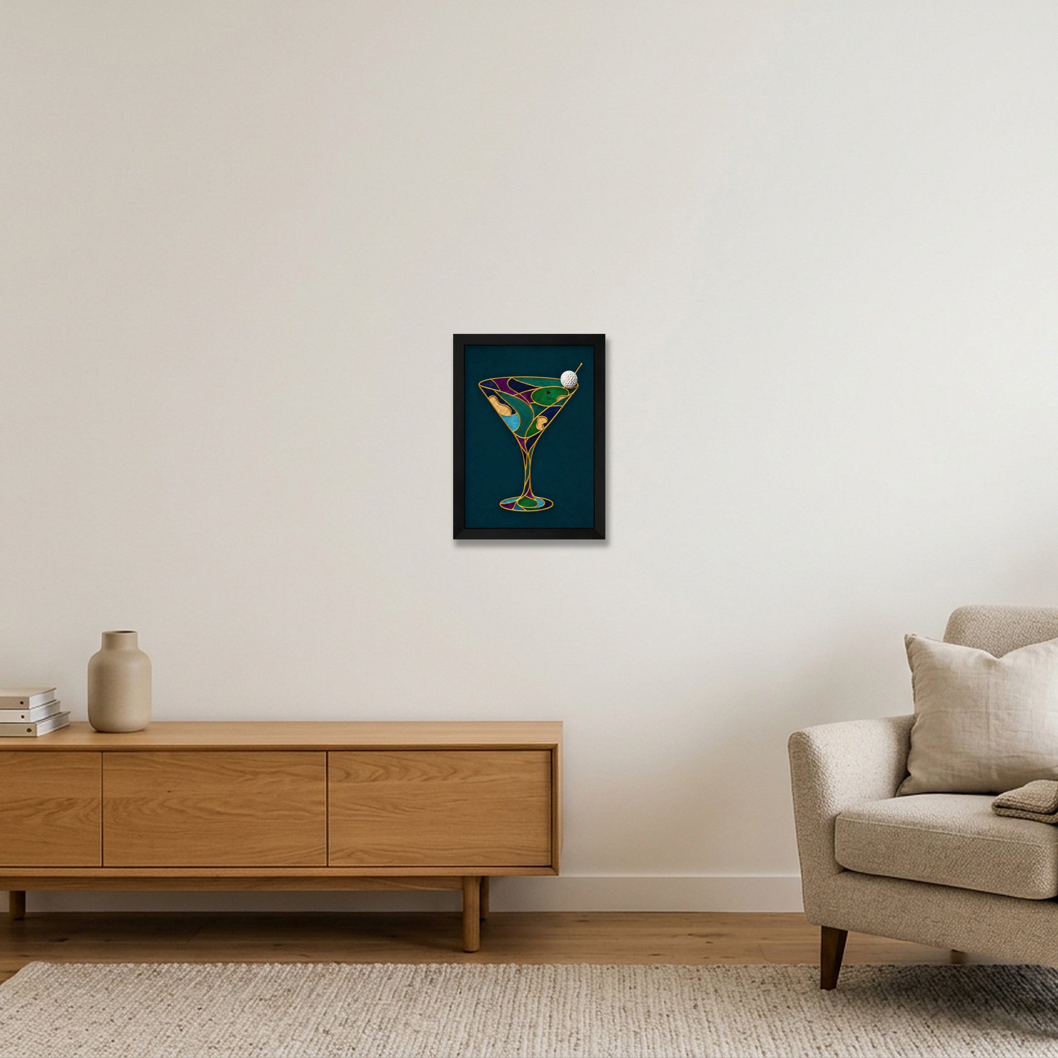 The Nineteenth Hole. Martini Glass. Green Teal Collection — A4 (21×30cm, 8×12") Black Frame