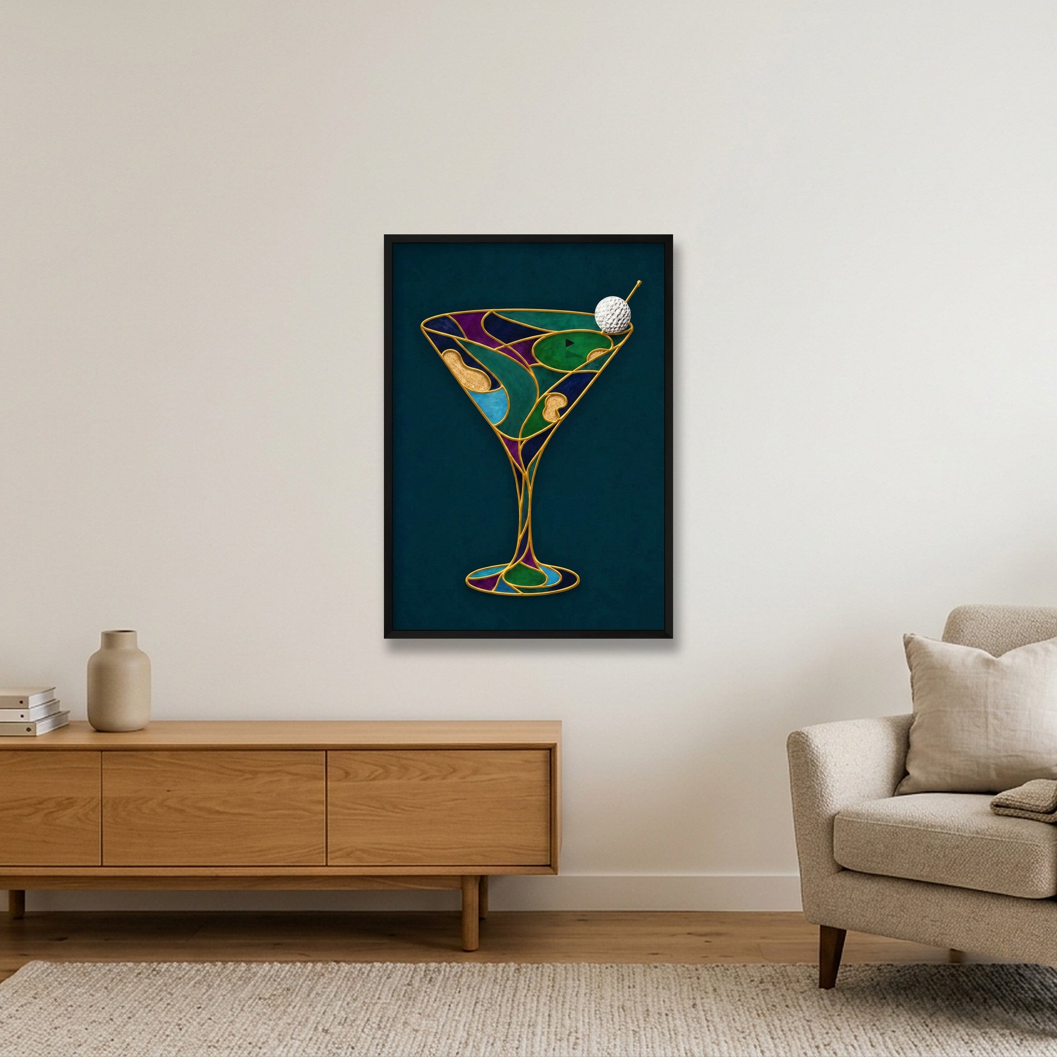 The Nineteenth Hole. Martini Glass. Green Teal Collection — 59×84cm, 23×33" Black Frame