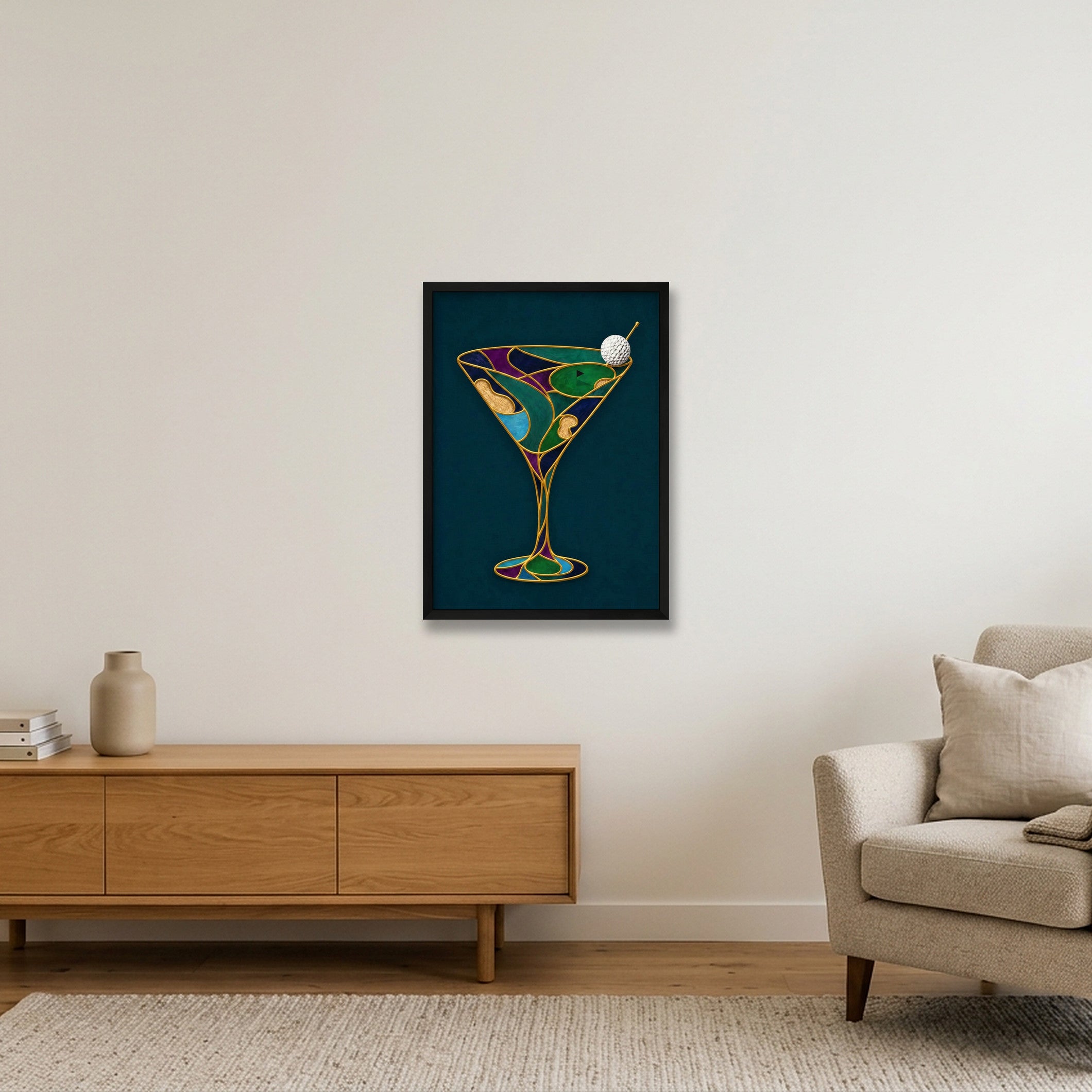 The Nineteenth Hole. Martini Glass. Green Teal Collection — 42×59cm, 17×23" Black Frame