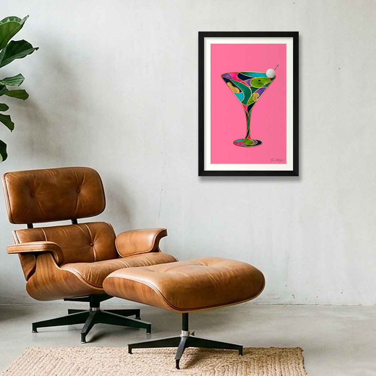 Abstract Golf Art. The 19th Hole. Martini Glass. Framed Print — 30×45cm, 12×18" Black Frame