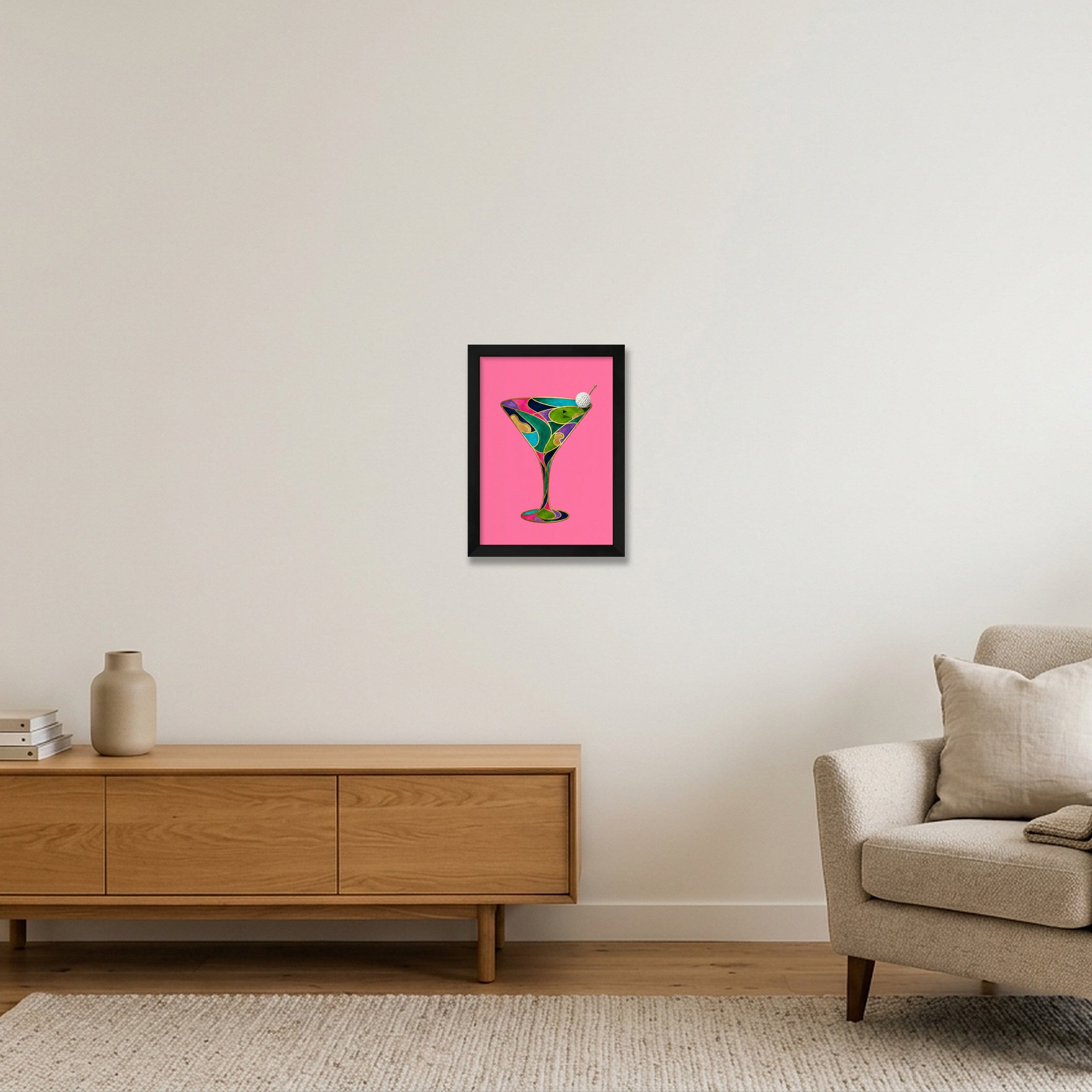 The Nineteenth. Martini Glass. Golf Art. Pink Collection — A4 (21×30cm, 8×12") Black Frame