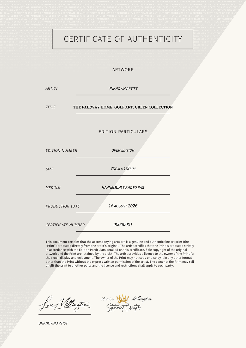 The Fairway Home. Golf Art. Green Collection — Certificate of Authenticity