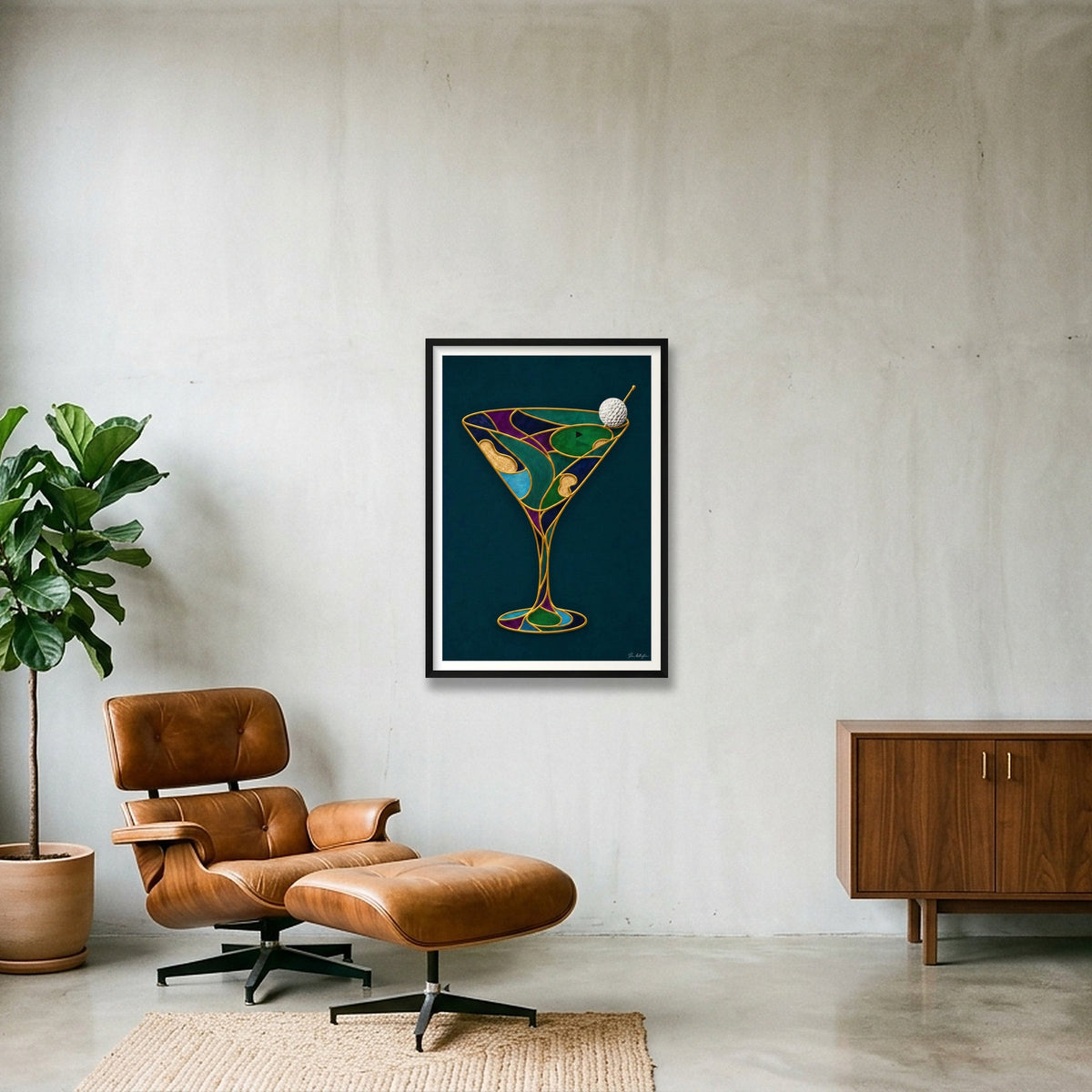 Abstract Golf Art. 19th Hole. Martini Glass. Framed Print — 59×84cm, 23×33" Black Frame