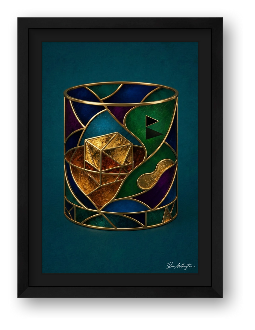 Abstract Golf Art. 19th Hole. Whiskey Glass. Framed Print — framed