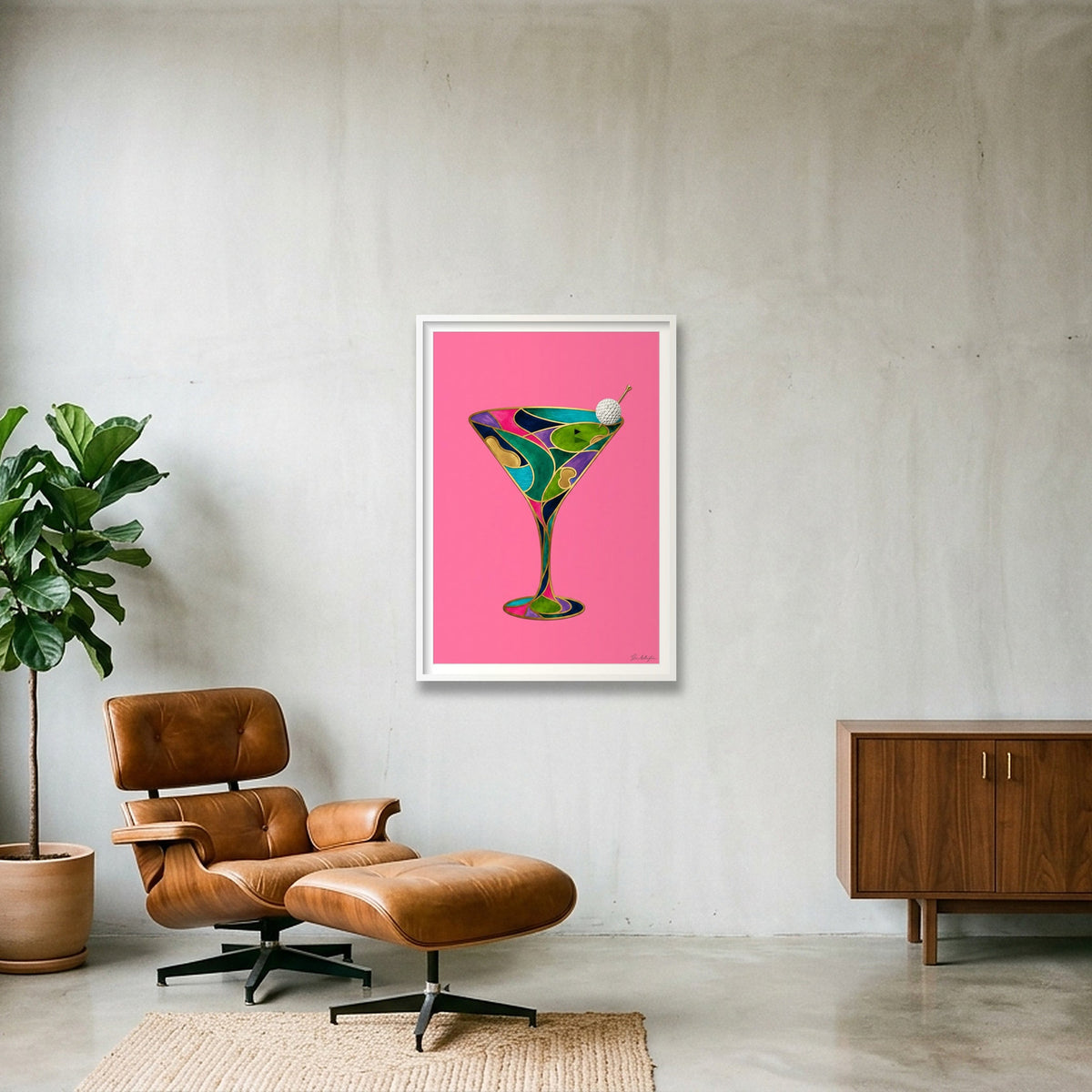 Abstract Golf Art. The 19th Hole. Martini Glass. Framed Print — 70×100cm, 28×39" White Frame