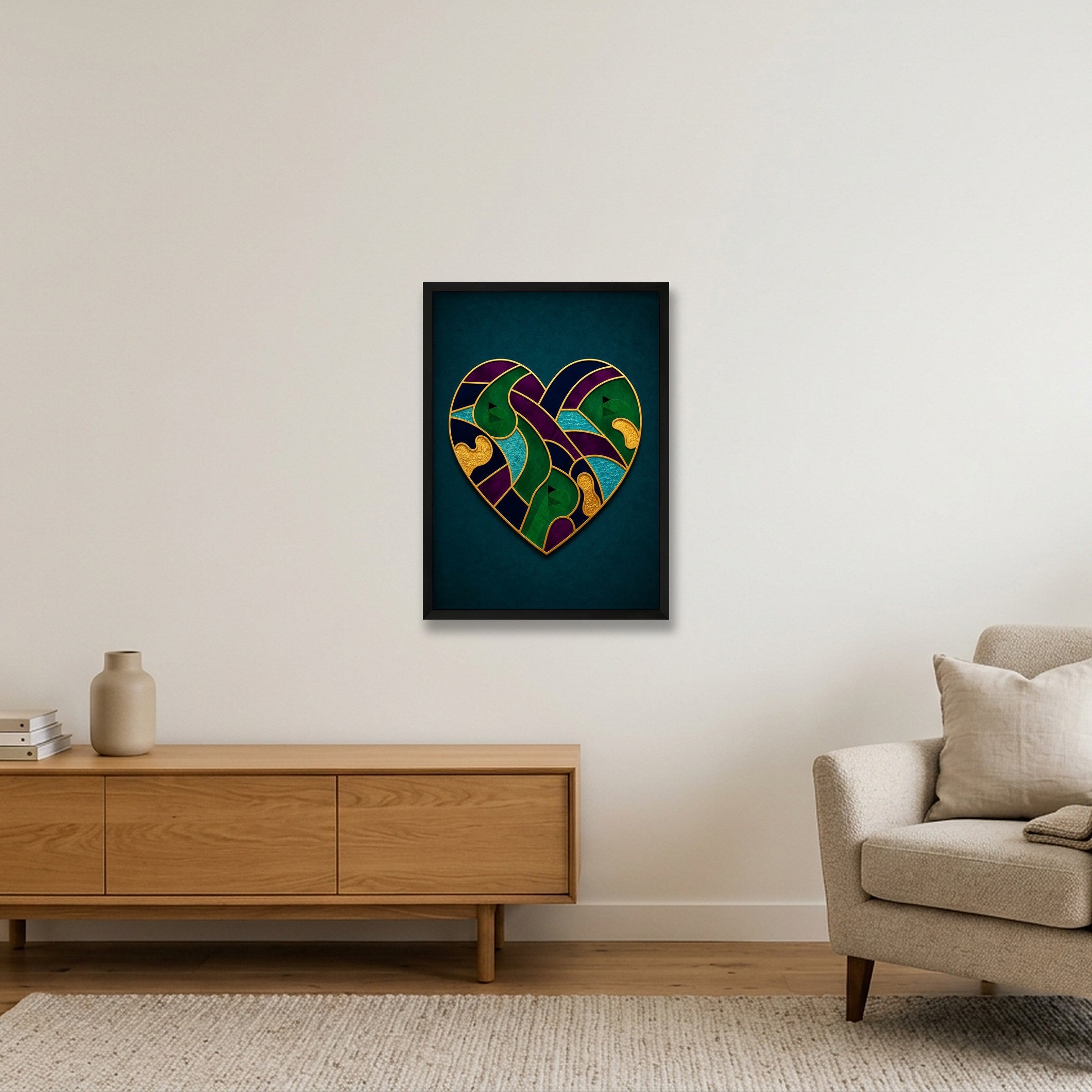 LOVE THE GAME. Golf Heart Art. Green Teal Collection — 42×59cm, 17×23" Black Frame