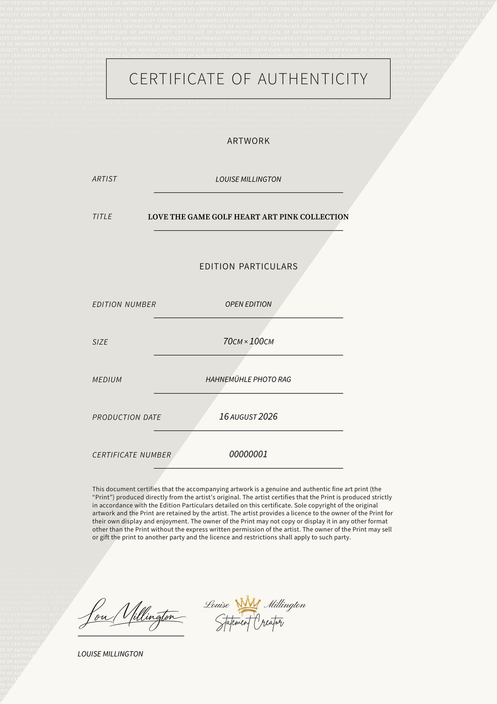 LOVE THE GAME Golf Heart Art Pink Collection — Certificate of Authenticity
