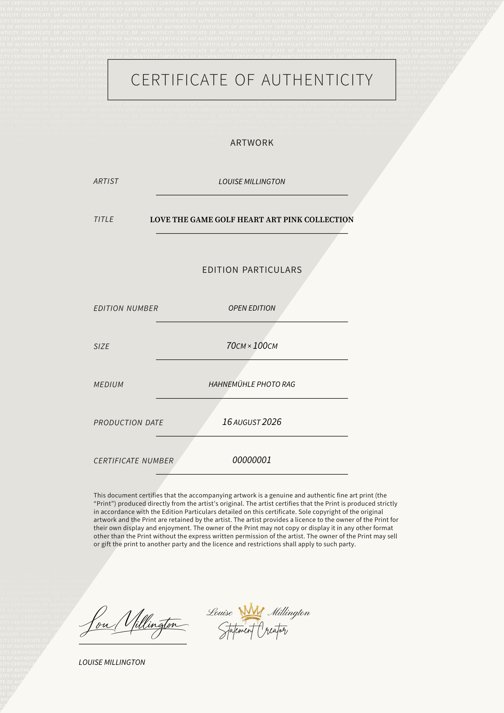 LOVE THE GAME Golf Heart Art Pink Collection — Certificate of Authenticity