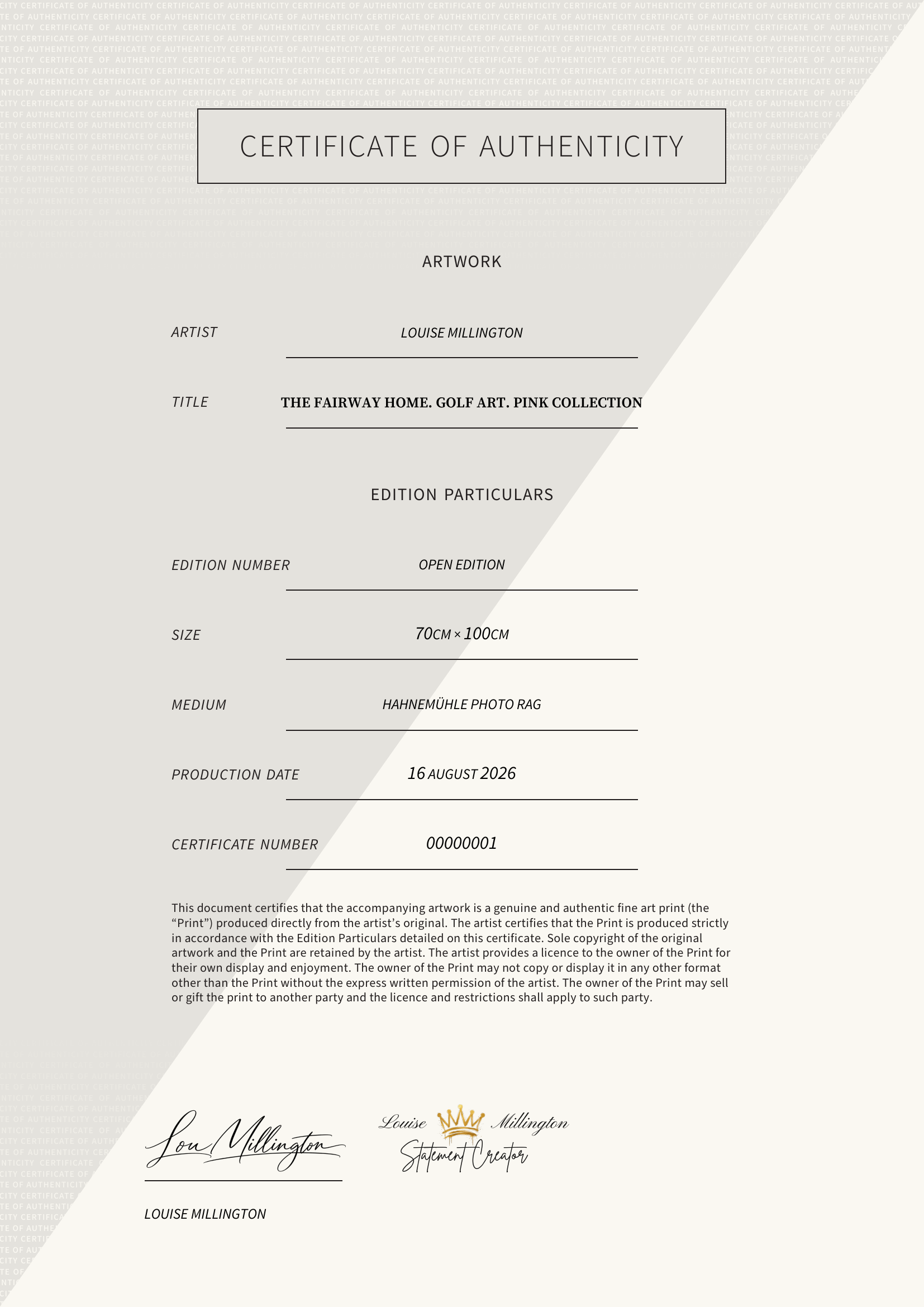 The Fairway Home. Golf Art. Pink Collection — Certificate of Authenticity
