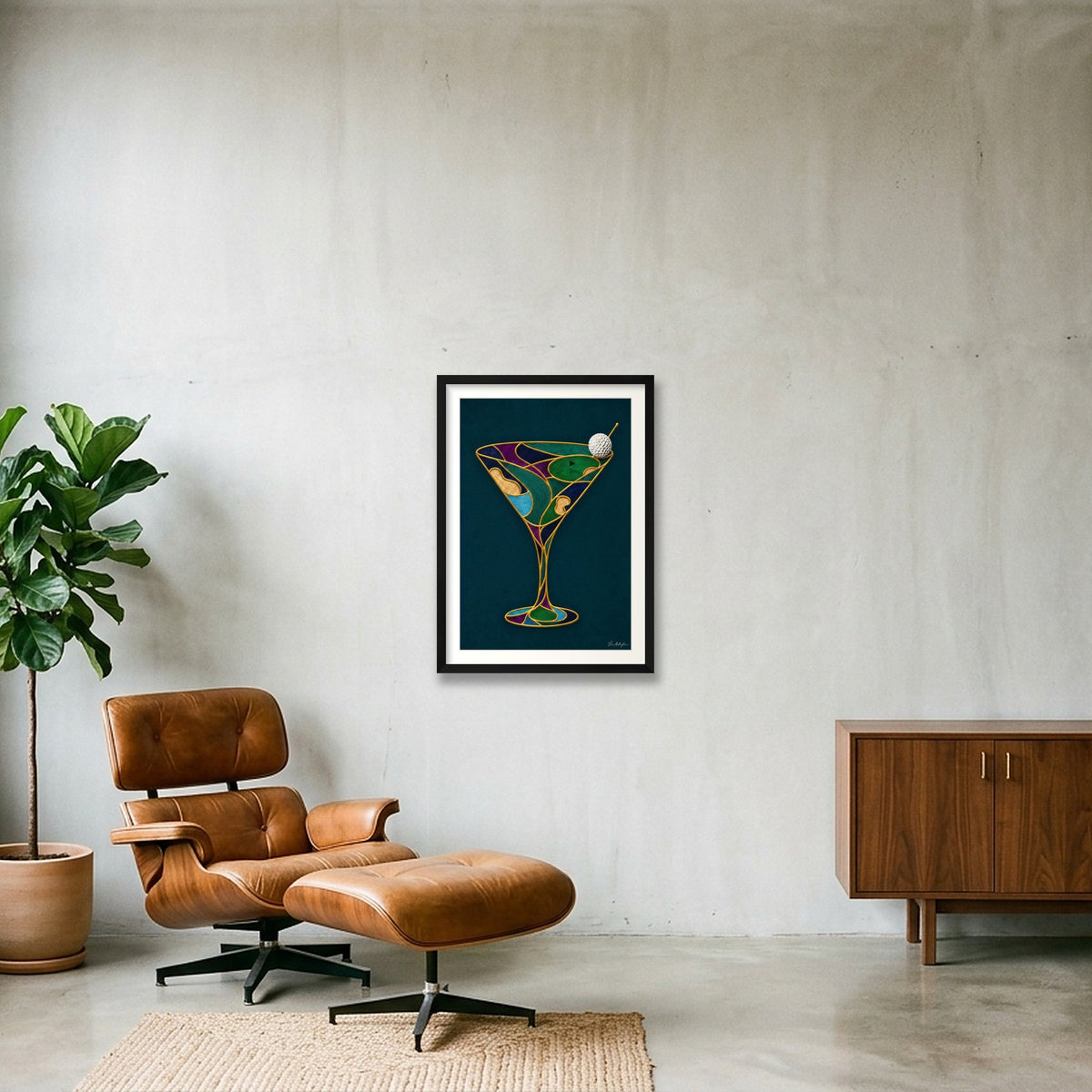 Abstract Golf Art. 19th Hole. Martini Glass. Framed Print — 42×59cm, 17×23" Black Frame
