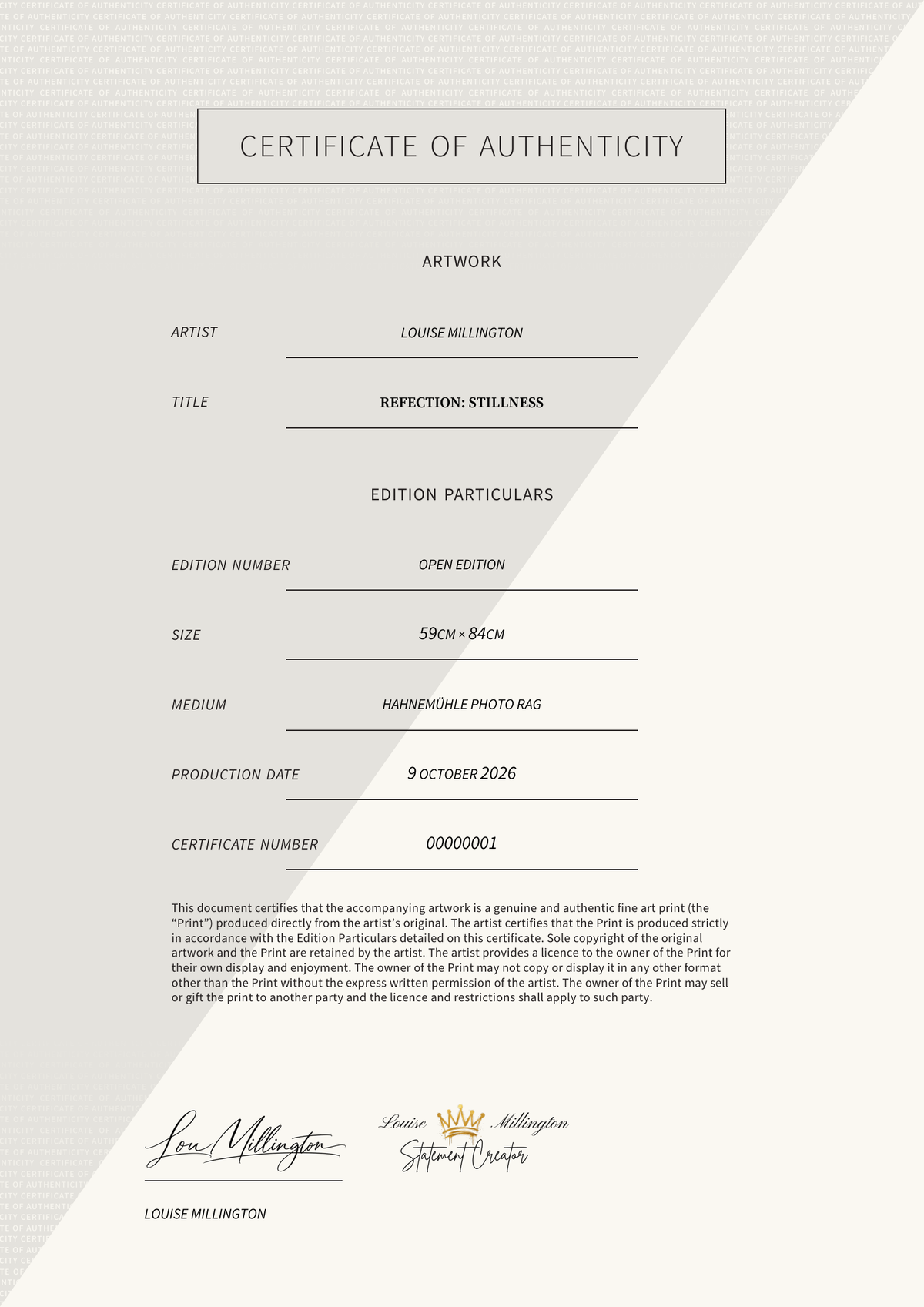 Refection: Stillness — Certificate of Authenticity