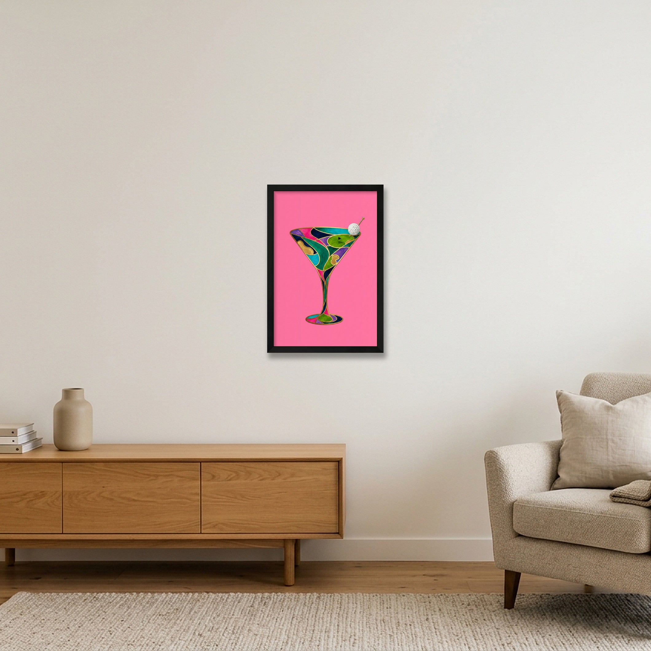 The Nineteenth. Martini Glass. Golf Art. Pink Collection — 30×45cm, 12×18" Black Frame