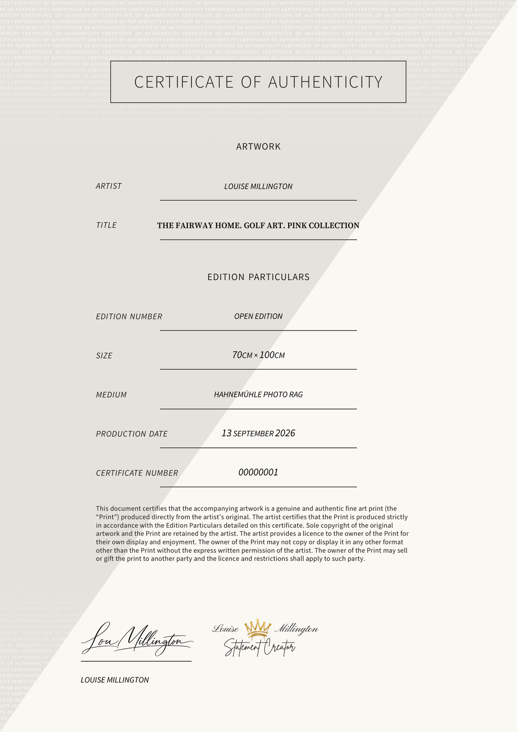 The Fairway Home. Golf Art. Pink Collection — Certificate of Authenticity