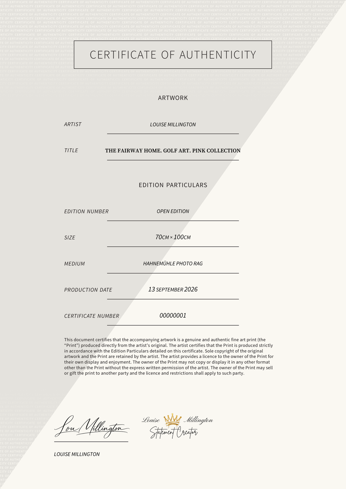 The Fairway Home. Golf Art. Pink Collection — Certificate of Authenticity