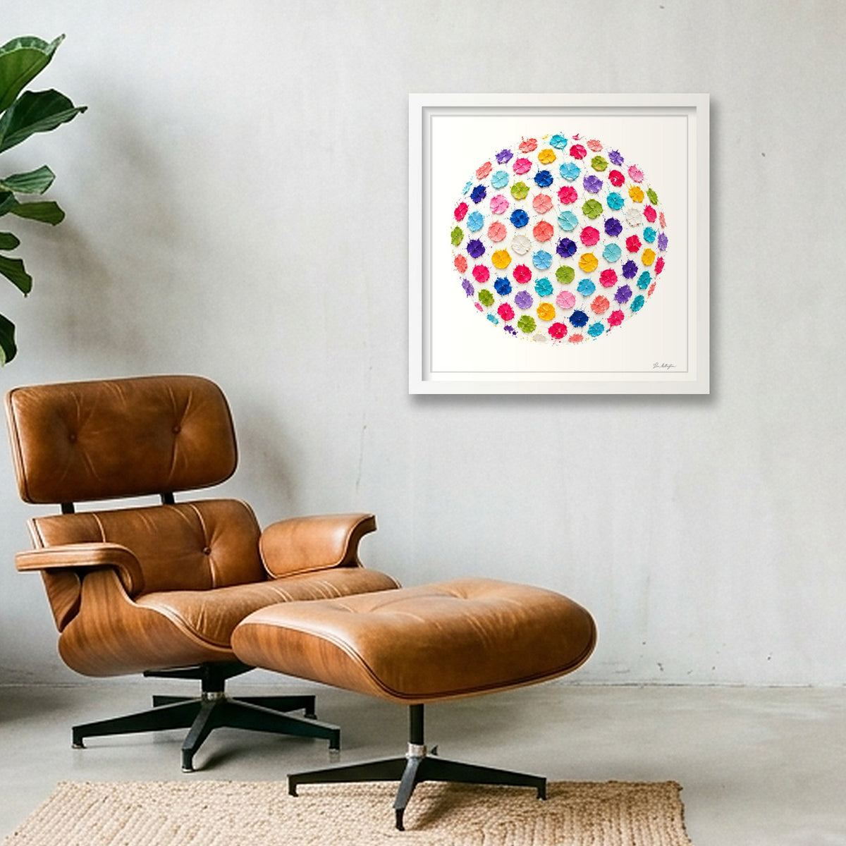 Abstract Golf Art. Impasto Contemporary. Confetti Golf Ball — 40×40cm, 16×16" White Frame