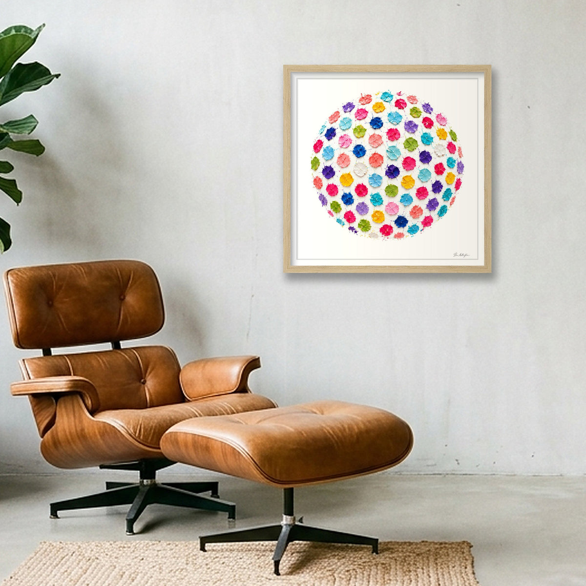 Abstract Golf Art. Impasto Contemporary. Confetti Golf Ball — 40×40cm, 16×16" Oak Frame